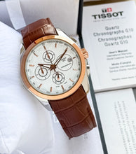 Tis**t Chronograph Watch with White Dial and Brown Leather Strap